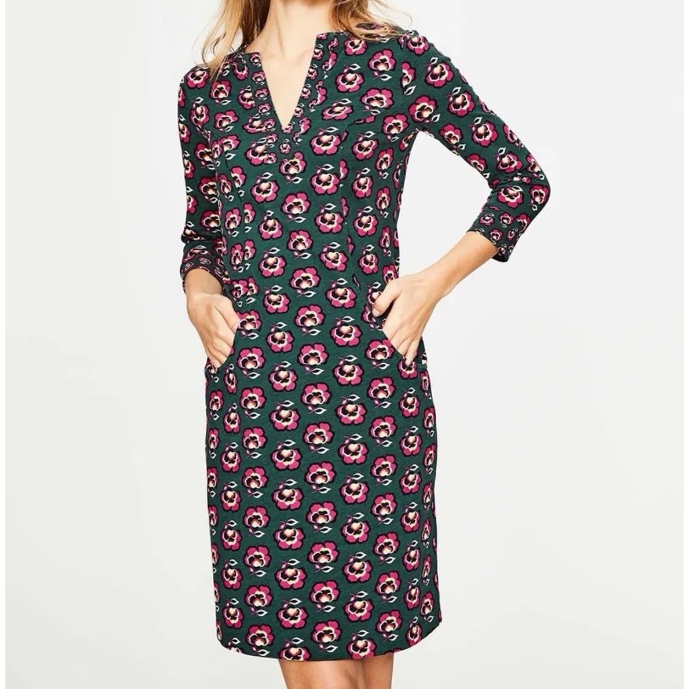 Boden Green Floral Print V‑Neck Shift Dress with Pink Accents